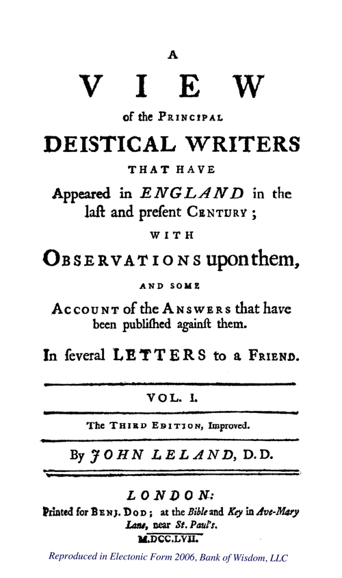 A View of The Principal Deistical Writers , Vol. 1 of 2 Vols.